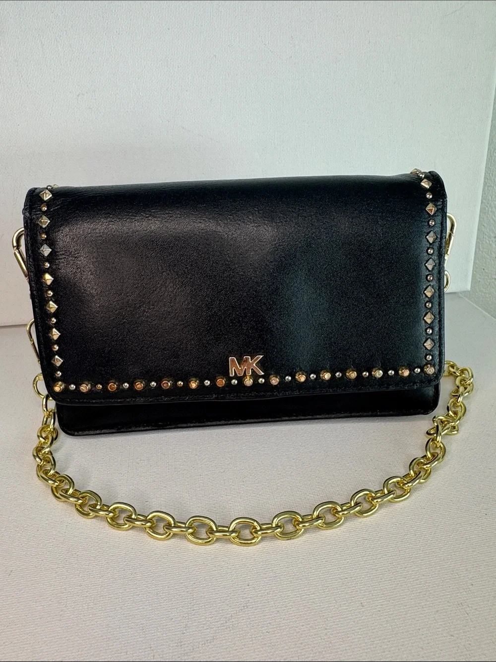 Michael Kors Black Studded Leather Phone Crossbody Wallet Bag—Shoulder Chain